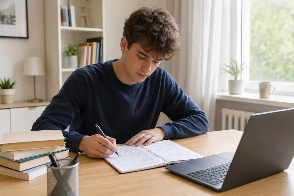 uczeń lub student przygotowujący przemówienie przy jasnym biurku, notatnik z krótkim planem, laptop, naturalne światło