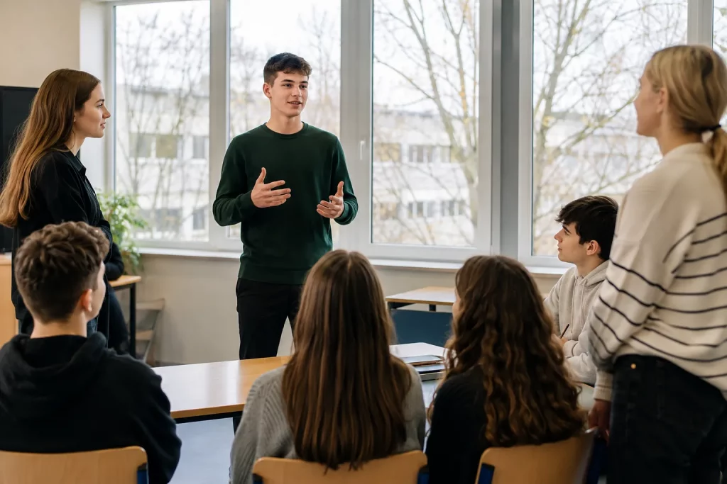 młoda osoba ćwicząca przemówienie na głos przed niewielką grupą, jasna szkolna lub akademicka sala, naturalna gestykulacja