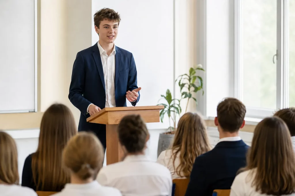 uczeń wygłaszający krótkie przemówienie przy mównicy przed klasą, jasna sala, skupieni słuchacze, naturalne gesty