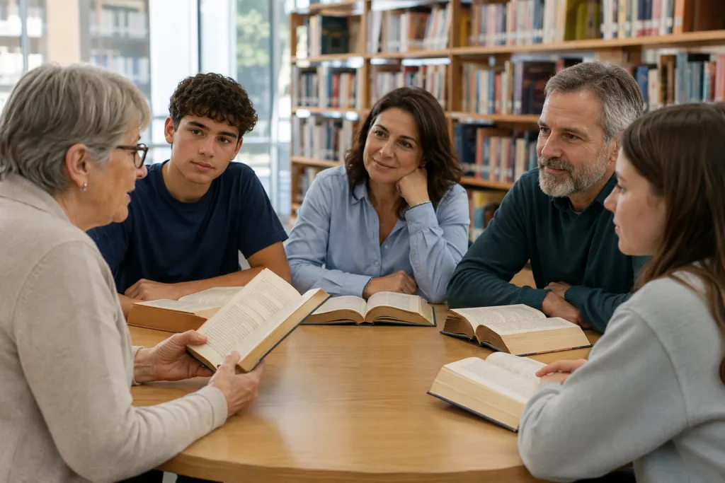 wspólne czytanie klasycznej literatury w jasnej bibliotece, kilka osób siedzi przy jednym stole z egzemplarzami książki, naturalne światło, bez czytelnych okładek
