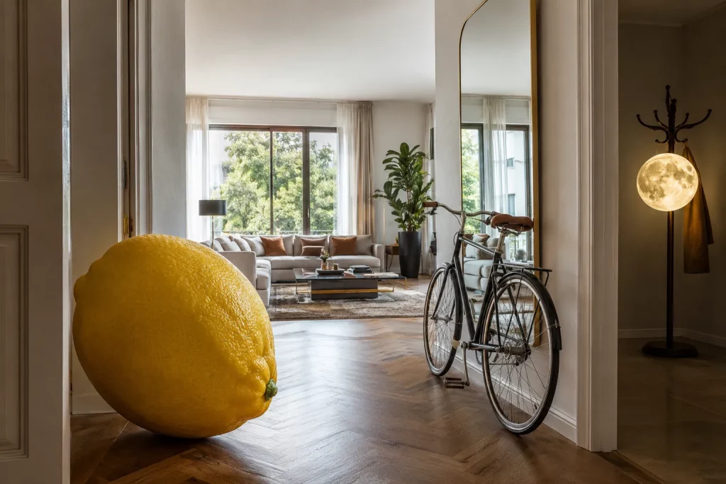 surrealistyczna, ale fotorealistyczna scena w jasnym salonie: gigantyczna cytryna na wycieraczce, rower przy lustrze i księżyc na wieszaku, jedna spójna przestrzeń, bez tekstu