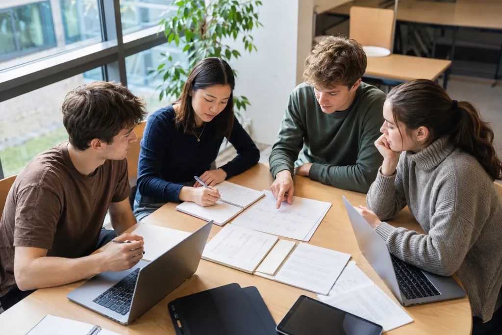 czteroosobowa grupa studentów przy jasnym stole podczas pierwszego spotkania projektowego, jedna osoba zapisuje plan w notesie, laptopy i materiały akademickie, naturalna współpraca, bez napisów