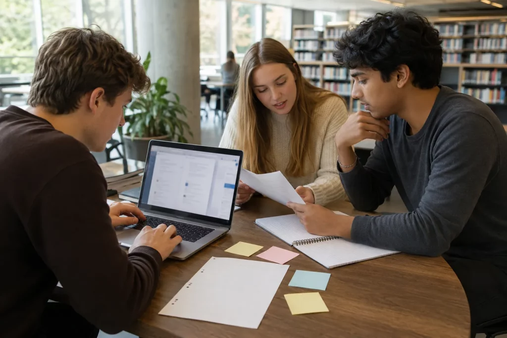 troje studentów pracujących przy jednym jasnym stole, na laptopie wspólny dokument bez czytelnego tekstu, obok papierowa lista zadań i notatki, inne ujęcie niż pierwsze zdjęcie