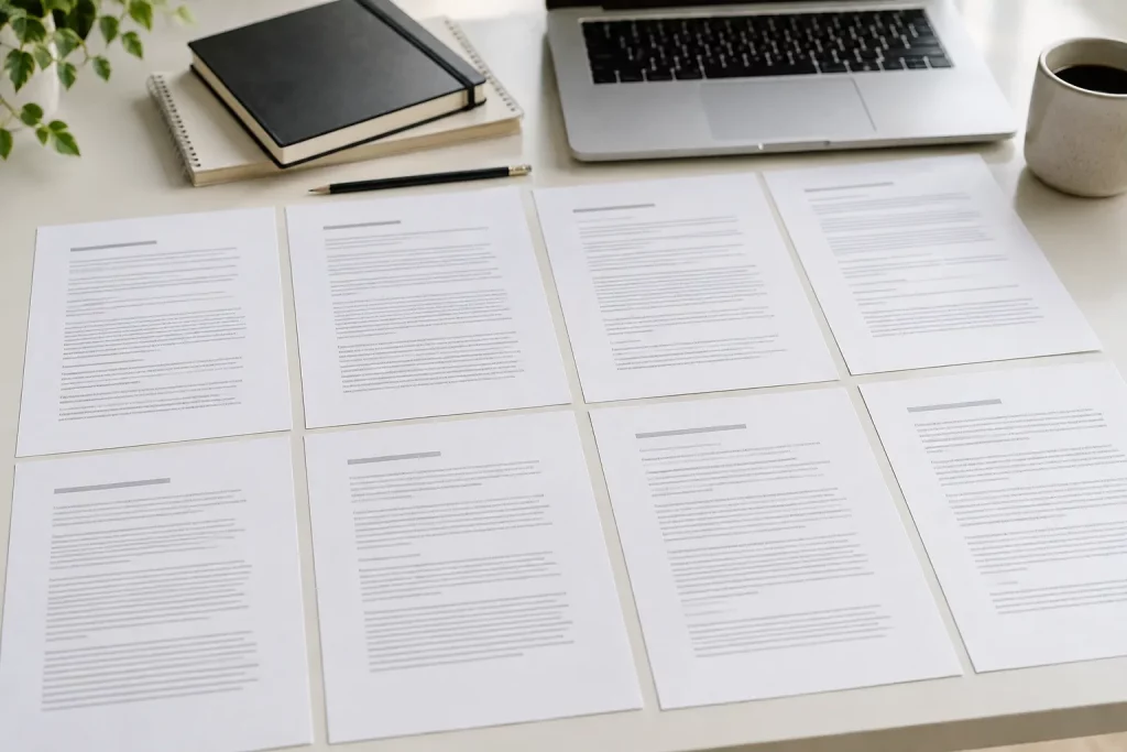 jasny stół redakcyjny z wydrukowanym szkicem artykułu podzielonym wizualnie na sekcje, ołówek, notes, laptop w tle, brak czytelnych napisów