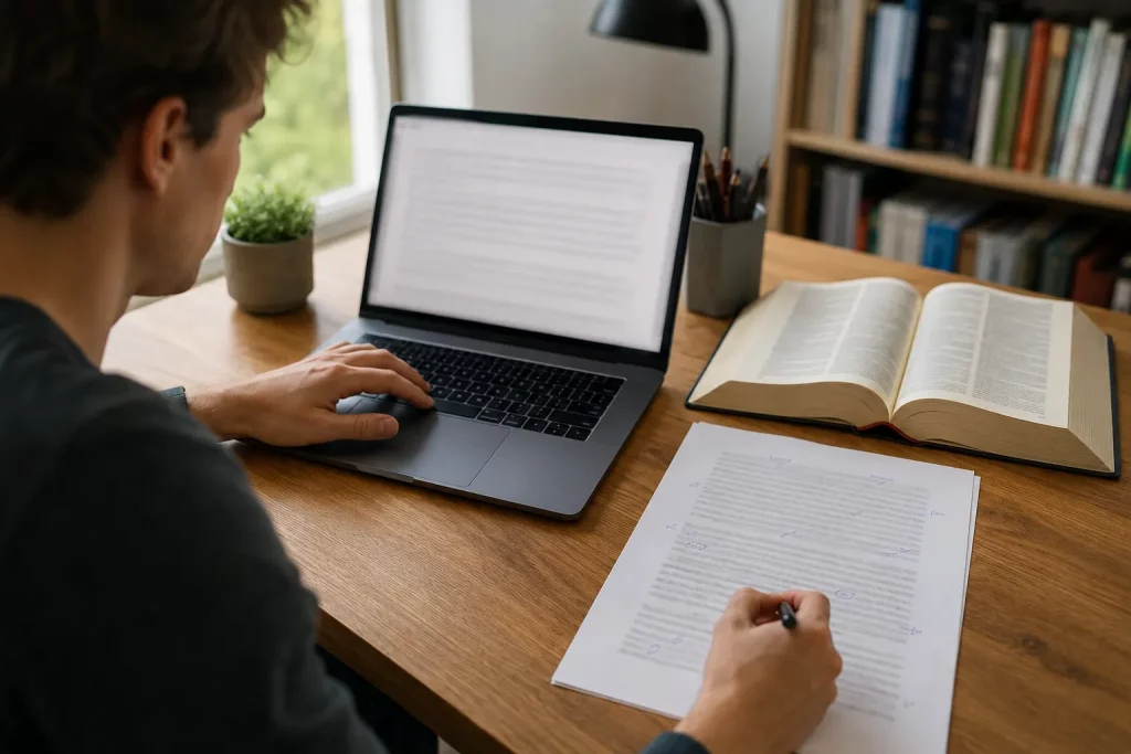 osoba redagująca krótki polski tekst na laptopie przy jasnym biurku, obok kartka z ręcznymi poprawkami i słownik, naturalne dzienne światło, bez czytelnego tekstu