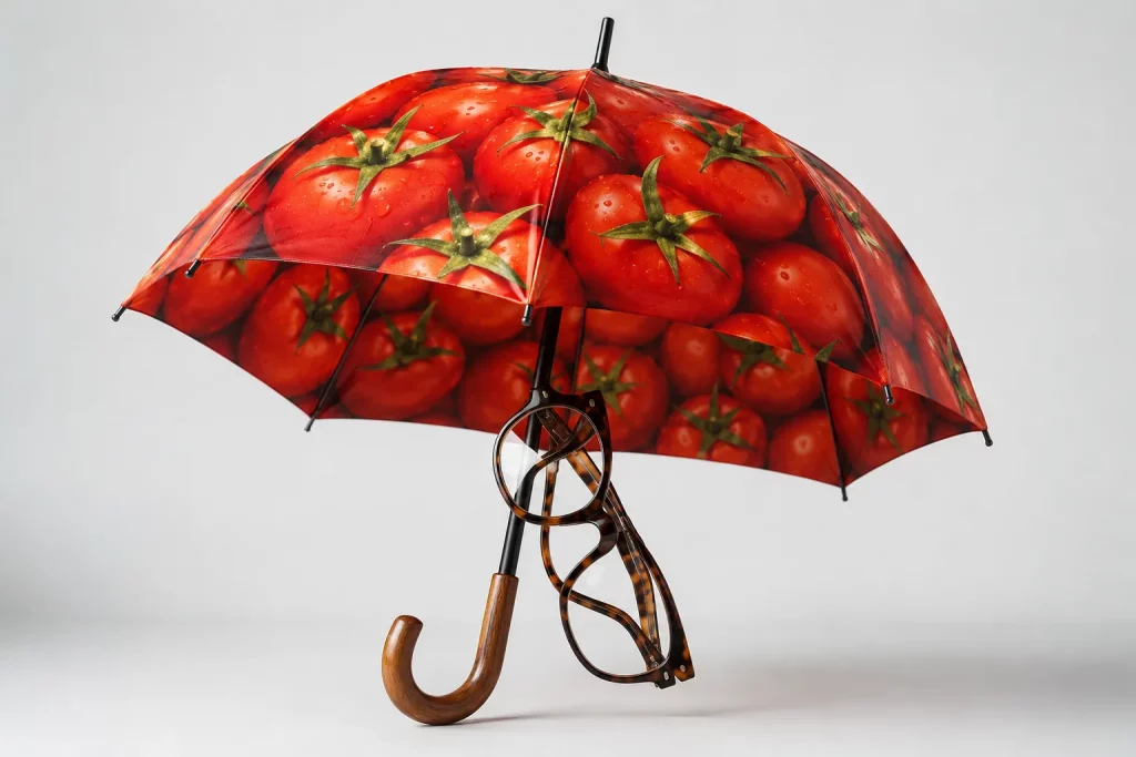 jasna surrealistyczna scena edukacyjna, otwarty parasol z pomidorami i dużymi okularami jako elementami jednego spójnego skojarzenia, fotorealistycznie, bez tekstu