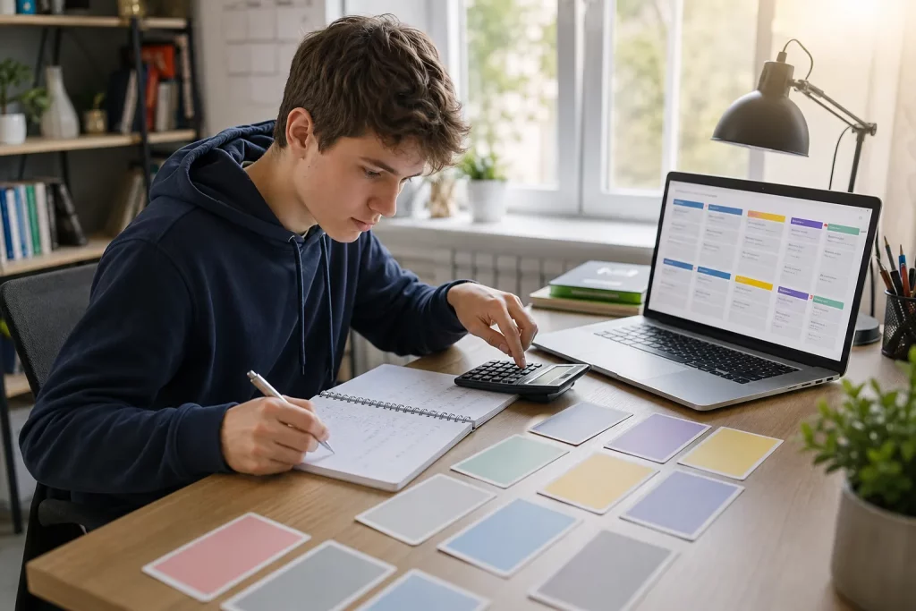  maturzysta przy jasnym stole porównujący wymagania kilku kierunków studiów na laptopie, obok kalkulator, notes i arkusze, bez czytelnych nazw uczelni