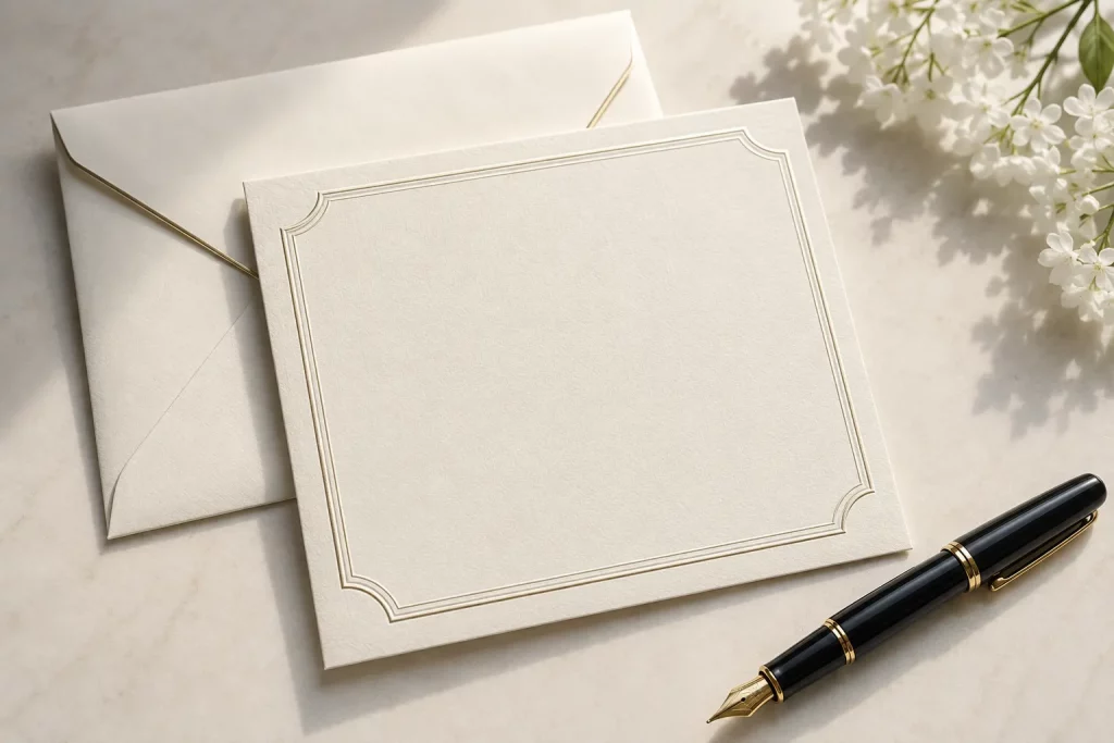 eleganckie oficjalne zaproszenie leżące na jasnym stole obok koperty i pióra, klasyczna minimalistyczna papeteria, bez czytelnego tekstu