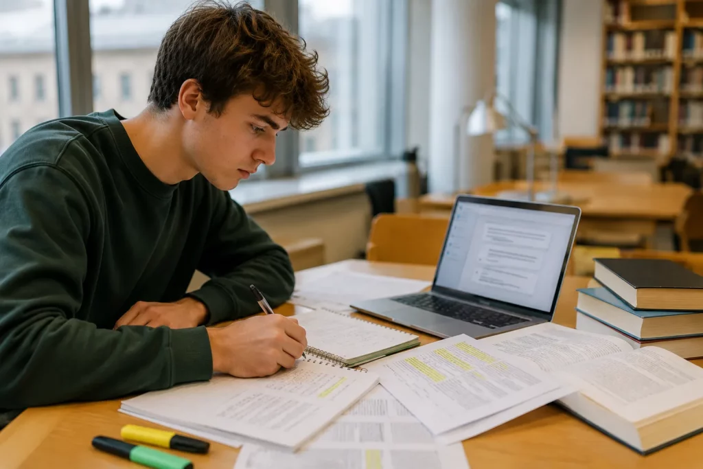  student przy jasnym biurku porównuje własne notatki z odpowiedzią asystenta AI na laptopie; atmosfera skupienia, biblioteka uniwersytecka w tle