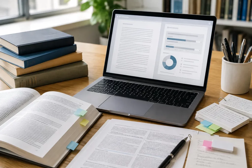 ekran laptopa z dokumentem pracy magisterskiej i panelem kontroli podobieństwa bez czytelnych nazw systemów, obok książki, fiszki i zaznaczone źródła, jasne światło dzienne