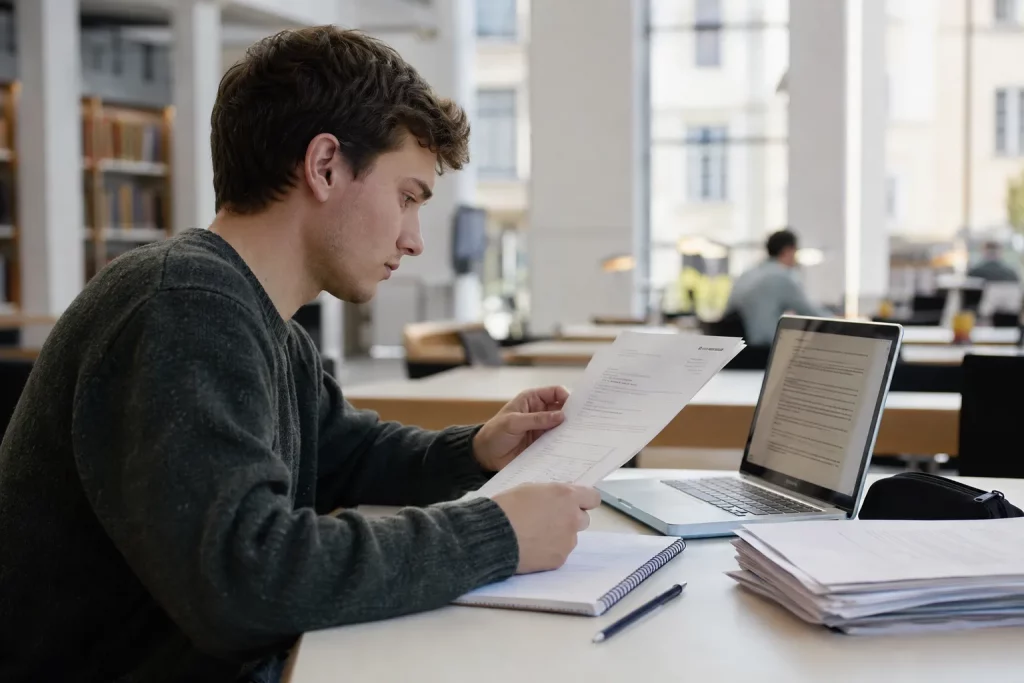 student przy jasnym biurku analizuje regulamin uczelni i ocenioną pracę egzaminacyjną, obok laptop, notes i dokumenty bez widocznych danych osobowych