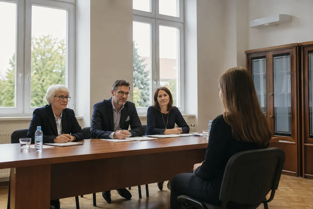jasna uniwersytecka sala, student siedzi naprzeciw kilkuosobowej komisji przy jednym stole, spokojna formalna atmosfera, dokumenty i notesy, bez znaków uczelni