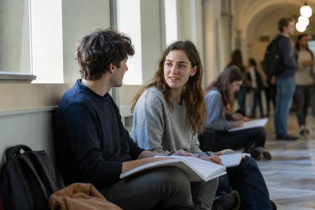 pojedynczy student siedzi przed salą wykładową obok kilku innych osób; zamiast patrzeć w telefon, rozpoczyna spokojną rozmowę z osobą siedzącą obok, jasny korytarz uczelni