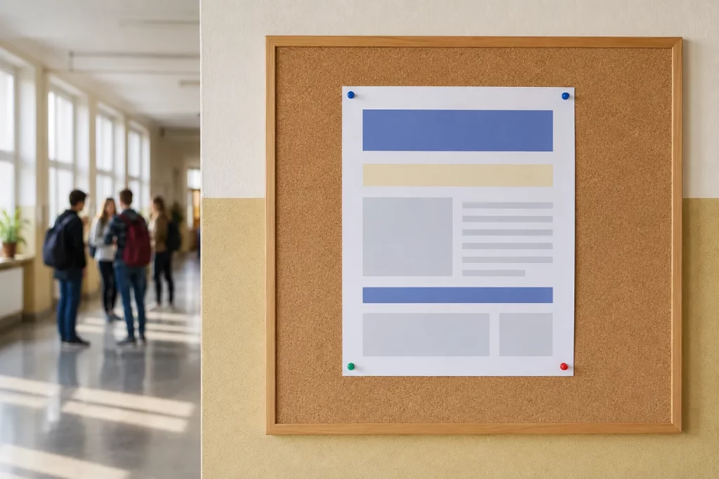 kartka z krótkim, czytelnym ogłoszeniem przypięta do szkolnej tablicy informacyjnej, obok zeszyt i długopis