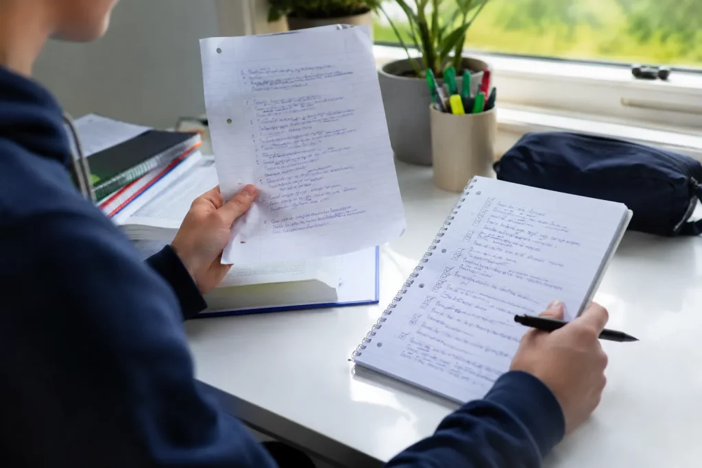 uczeń sprawdzający krótkie ogłoszenie według checklisty w zeszycie, jasne biurko, szkolne materiały w tle