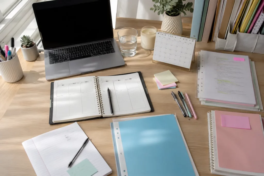 jasne biurko studenta, otwarty tygodniowy planer, laptop, segregator i kilka uporządkowanych notatek z różnych przedmiotów, naturalne światło