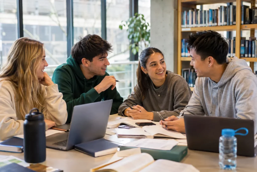 grupa studentów pierwszego roku siedząca przy jasnym stole w bibliotece kampusowej, rozmowa nad notatkami, naturalna atmosfera bez pozowania