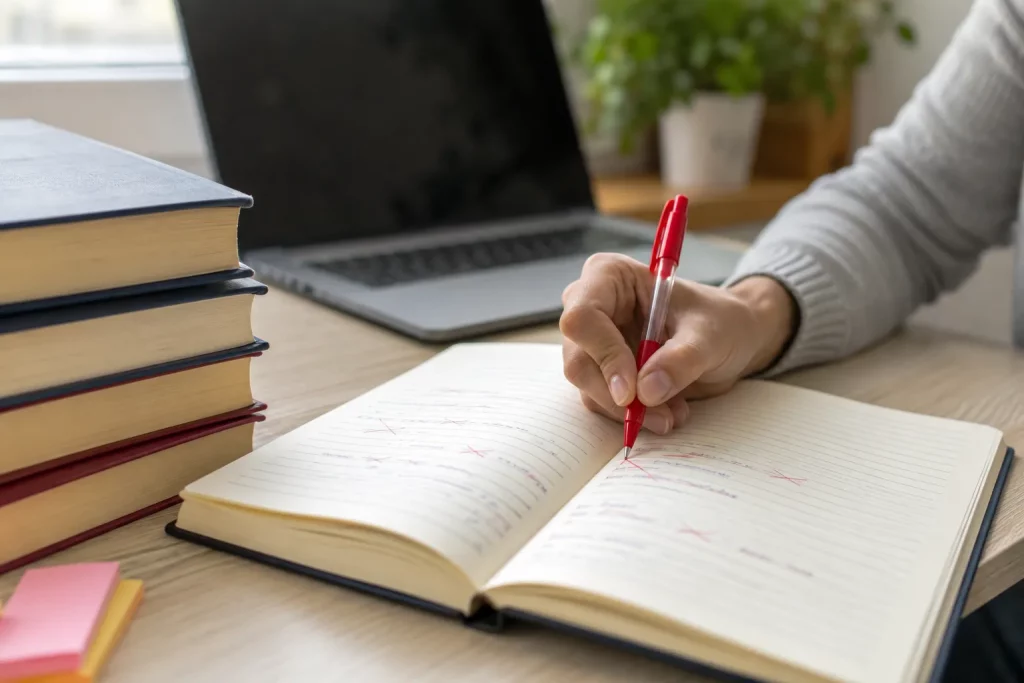 jasne biurko, otwarty notes z poprawionym błędem ortograficznym, długopis i laptop w tle, bez czytelnych napisów