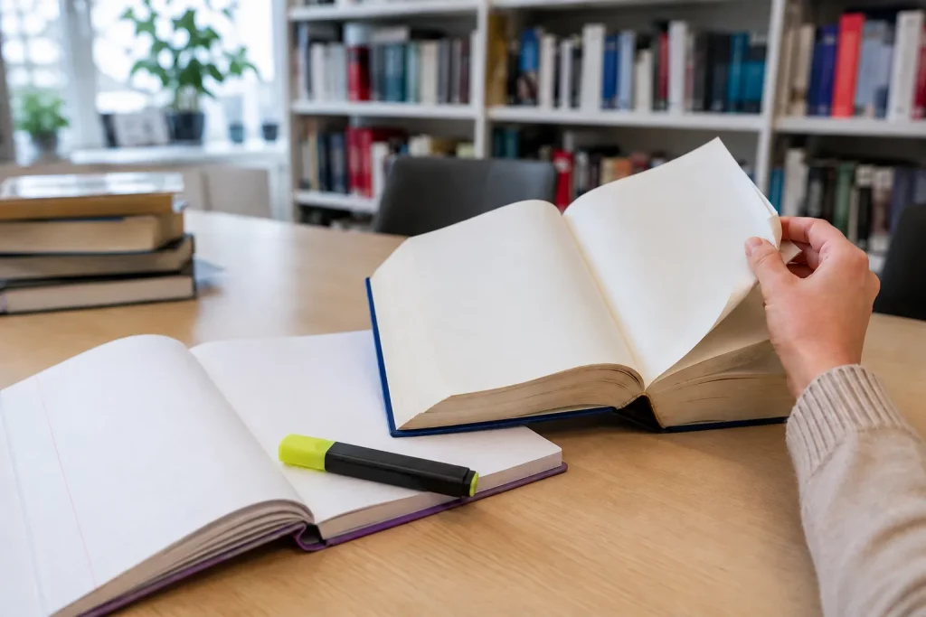 jasna scena w bibliotece, otwarty zeszyt do języka polskiego, zakreślacz i słownik leżący obok, bez widocznych czytelnych haseł