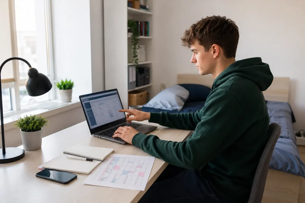 student pierwszego roku przy jasnym biurku sprawdza system uczelniany na laptopie, obok notes, plan tygodnia i telefon, bez czytelnego tekstu na ekranie