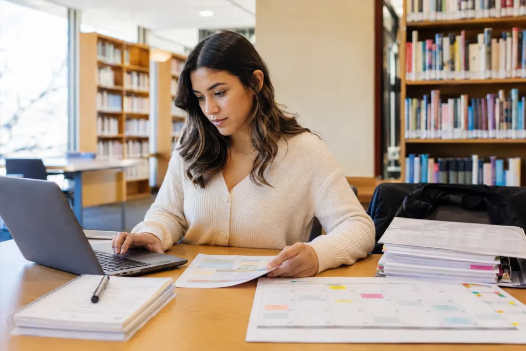 jasna biblioteka akademicka, student sprawdza listę przedmiotów i plan studiów na laptopie, obok uporządkowane notatki i kalendarz
