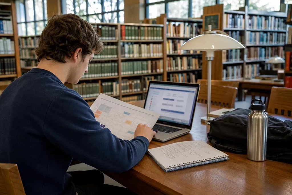 student przy biurku w jasnej bibliotece, laptop z niewyraźnym systemem uczelnianym, obok notes z kalendarzem sesji; spokojny, realistyczny kadr