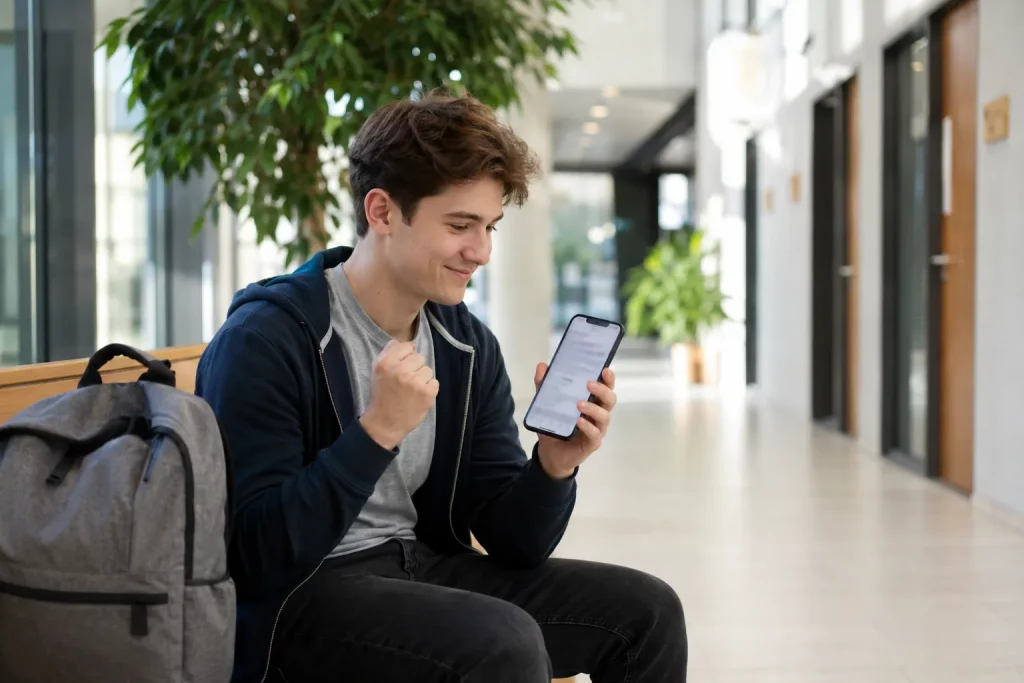 student siedzący w jasnym kampusowym korytarzu z telefonem i plecakiem, na ekranie niewyraźna aplikacja uczelniana, atmosfera ulgi po załatwieniu formalności