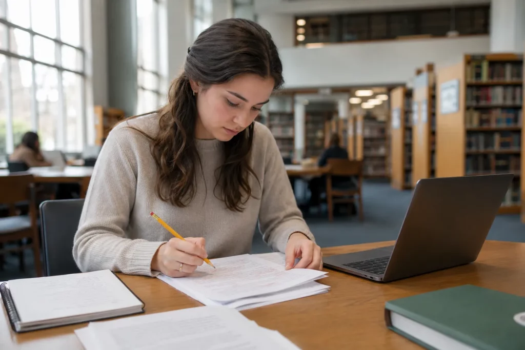  jasna biblioteka, studentka porównuje wydrukowany esej z tekstem na laptopie, obok ołówek i notatnik, ekran bez logotypów i bez czytelnych zdań, spokojny realistyczny kadr