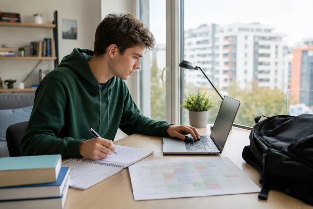 student przy jasnym biurku przeglądający na laptopie oferty pracy, obok plan zajęć, notes i telefon, słoneczne nowoczesne mieszkanie studenckie, bez czytelnego tekstu na ekranie