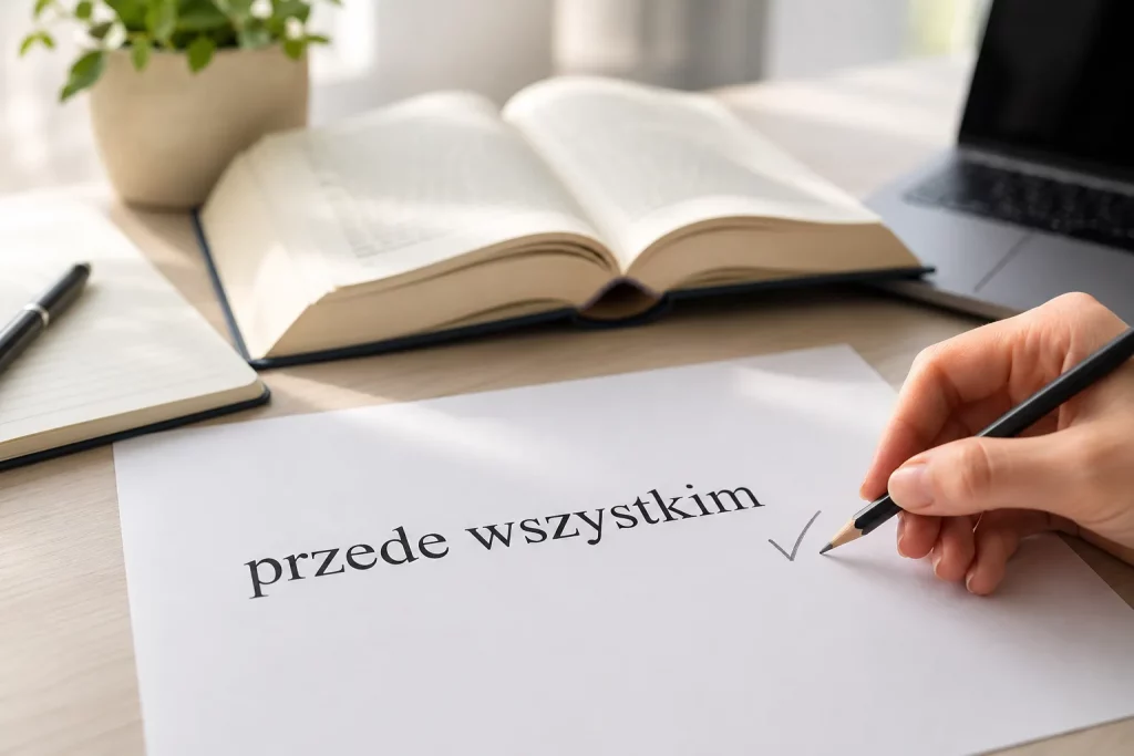  jasne biurko redaktora, kartka z pojedynczym poprawnym zapisem „przede wszystkim” zaznaczonym ołówkiem, otwarty słownik i laptop w tle, naturalne światło, bez dodatkowych czytelnych napisów