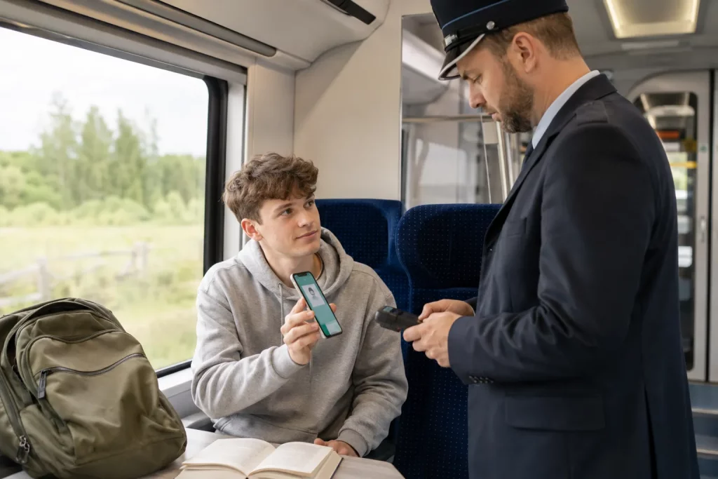  student w jasnym nowoczesnym pociągu pokazujący na smartfonie cyfrową legitymację podczas kontroli biletu, plecak i książka na stoliku, naturalne światło, bez czytelnych danych osobowych i logotypów