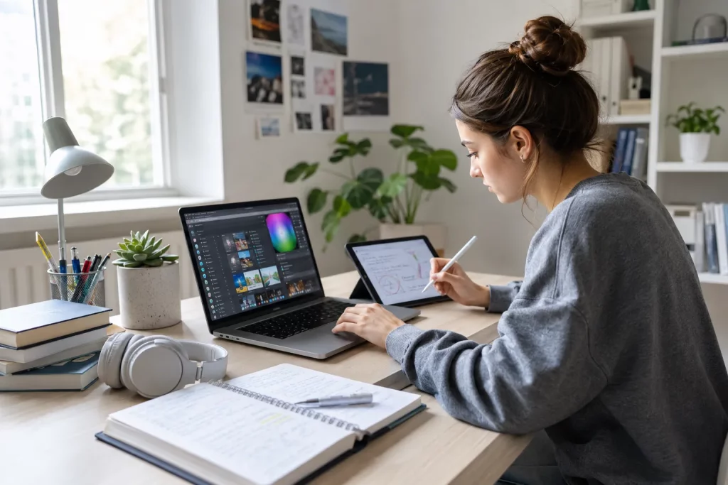 student przy jasnym biurku korzystający z laptopa i tabletu, na ekranach neutralne interfejsy programów do nauki, muzyki i projektowania bez marek i czytelnego tekstu, słuchawki i notatki obok, dużo naturalnego światła
