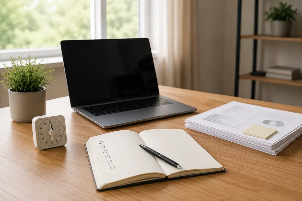notatnik z jednym konkretnym celem sesji, laptop i minutnik na jasnym, uporządkowanym biurku