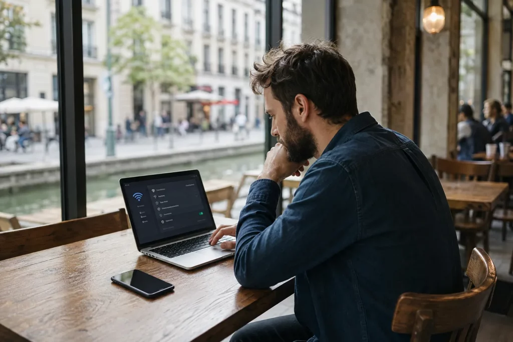 laptop w jasnej kawiarni połączony z publiczną siecią Wi-Fi, na ekranie dyskretna ikona aktywnego VPN