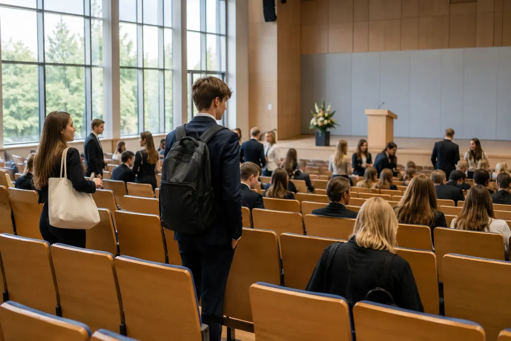 jasna aula uniwersytecka przed rozpoczęciem uroczystości, rzędy krzeseł, mównica i kilku studentów pierwszego roku zajmujących miejsca