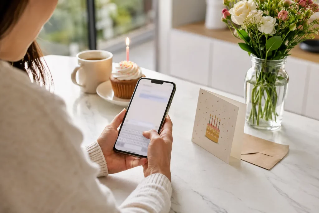  jasne biurko, smartfon leżący obok niewielkiej kartki urodzinowej i prostego bukietu kwiatów, osoba właśnie kończy wpisywać krótką wiadomość, naturalne światło.