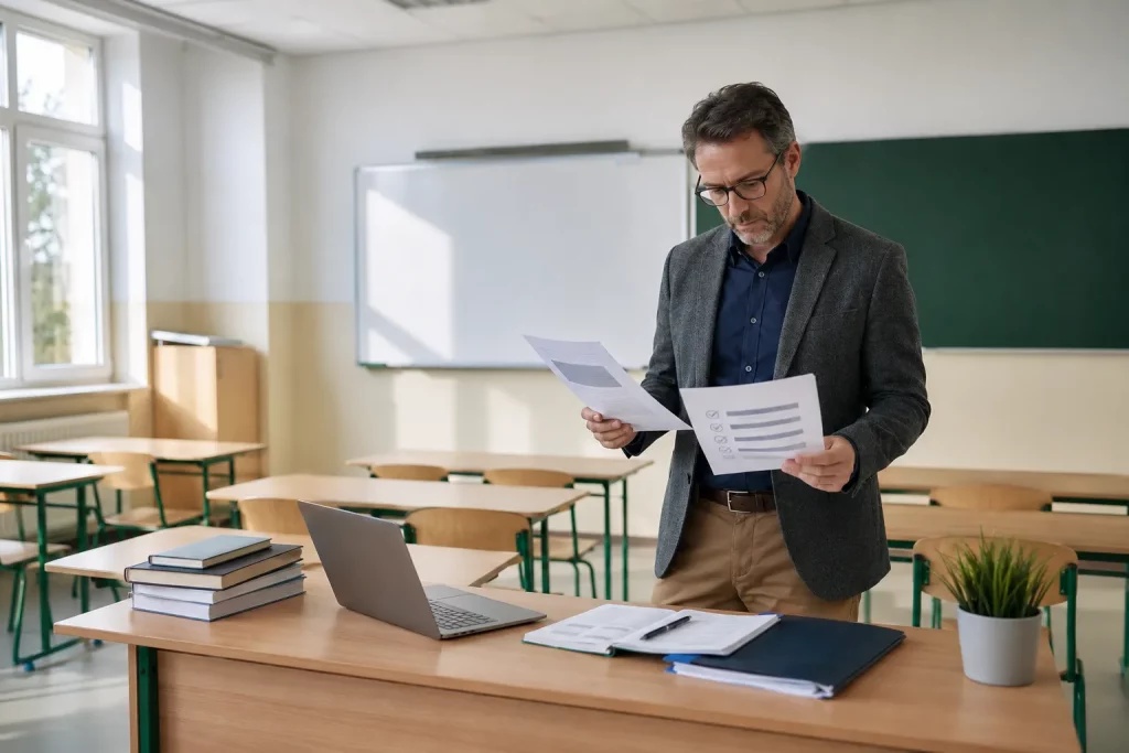 nauczyciel w jasnej sali lekcyjnej stojący obok biurka z dokumentami związanymi z rozwojem zawodowym, w tle tablica i pusta klasa, naturalne dzienne światło.