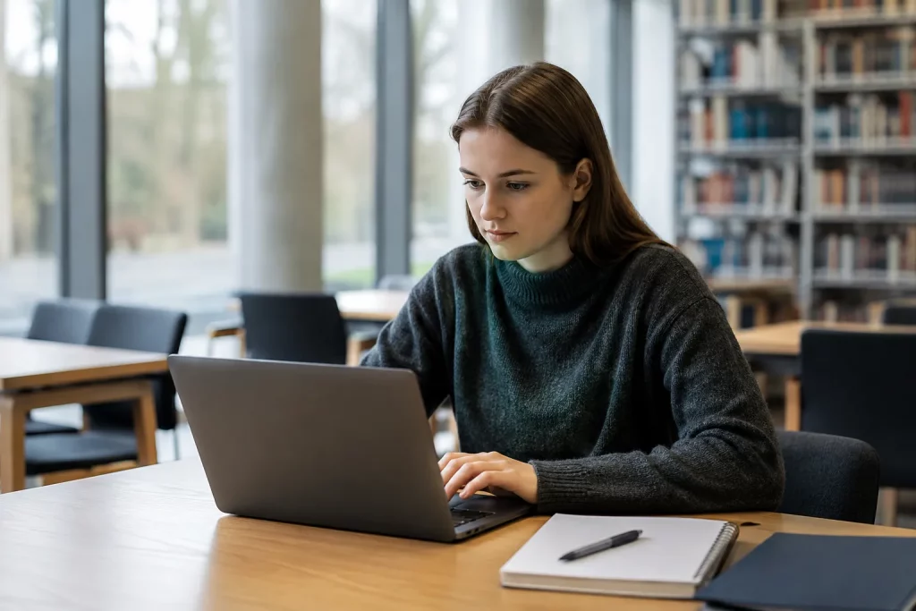 studentka lub student w jasnej bibliotece uczelnianej czyta na laptopie regulamin studiów, obok notes i zamknięta teczka z dokumentami, spokojna atmosfera