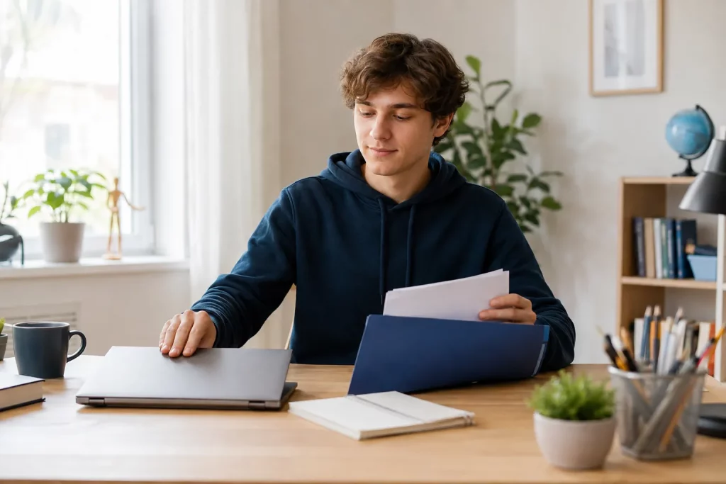 student siedzący przy jasnym biurku w domu, zamyka laptop i odkłada indeks lub teczkę uczelnianą, spokojna refleksyjna scena bez dramatycznej mimiki