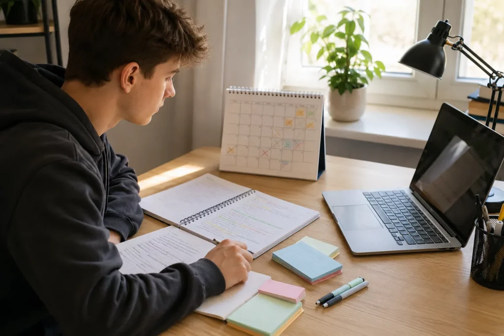  jasne biurko studenta, kalendarz z kilkoma zaznaczonymi terminami, notatki, indeks tematów i laptop, bez czytelnych napisów