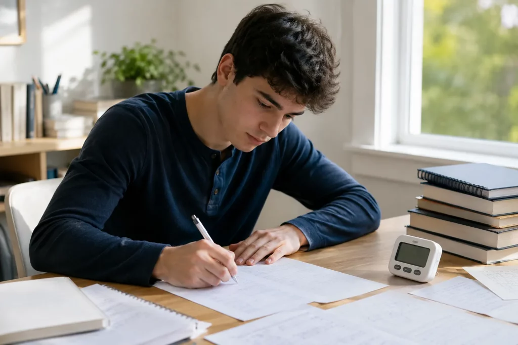 student rozwiązujący próbny test przy jasnym biurku, obok zegarek, kilka kartek i uporządkowane notatki