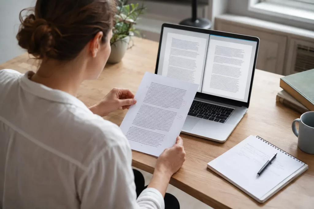 jasne biurko, jedna osoba porównuje dwie wersje tego samego polskiego tekstu na laptopie, obok papierowy wydruk z naniesionymi poprawkami, naturalne światło