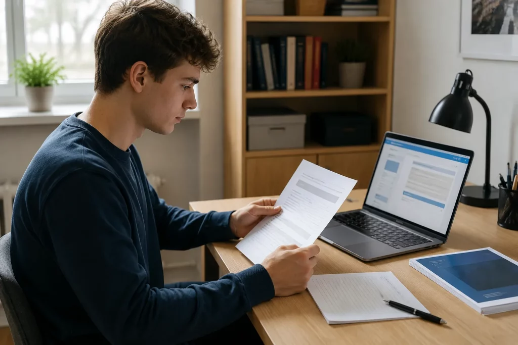 student porządkujący dokumenty do odwołania, kilka wydruków, laptop, kalendarz i segregator na jasnym biurku, bez czytelnych danych osobowych