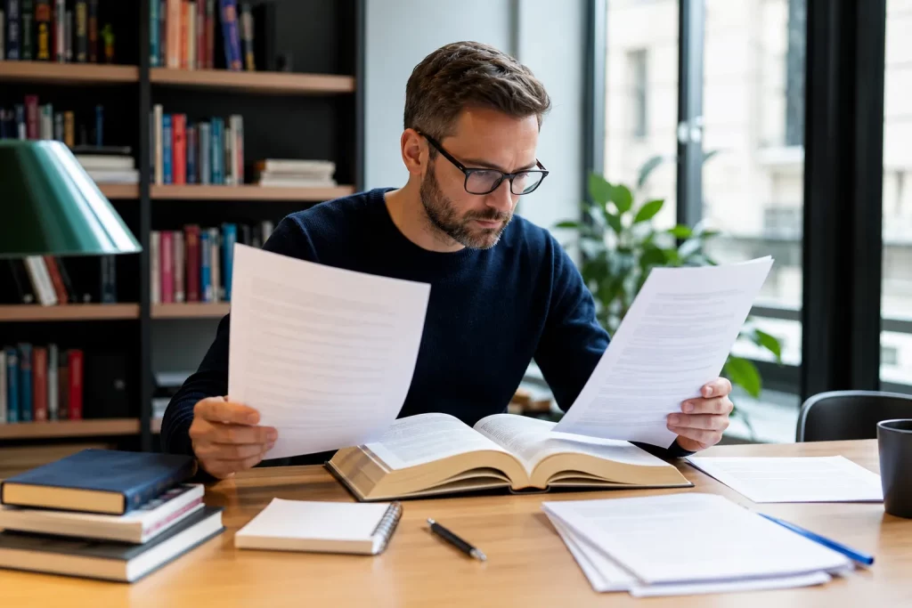 jasna redakcja lub biblioteka, jedna osoba porównuje wydrukowane warianty tego samego komunikatu, obok słownik i notes, spokojna neutralna scena