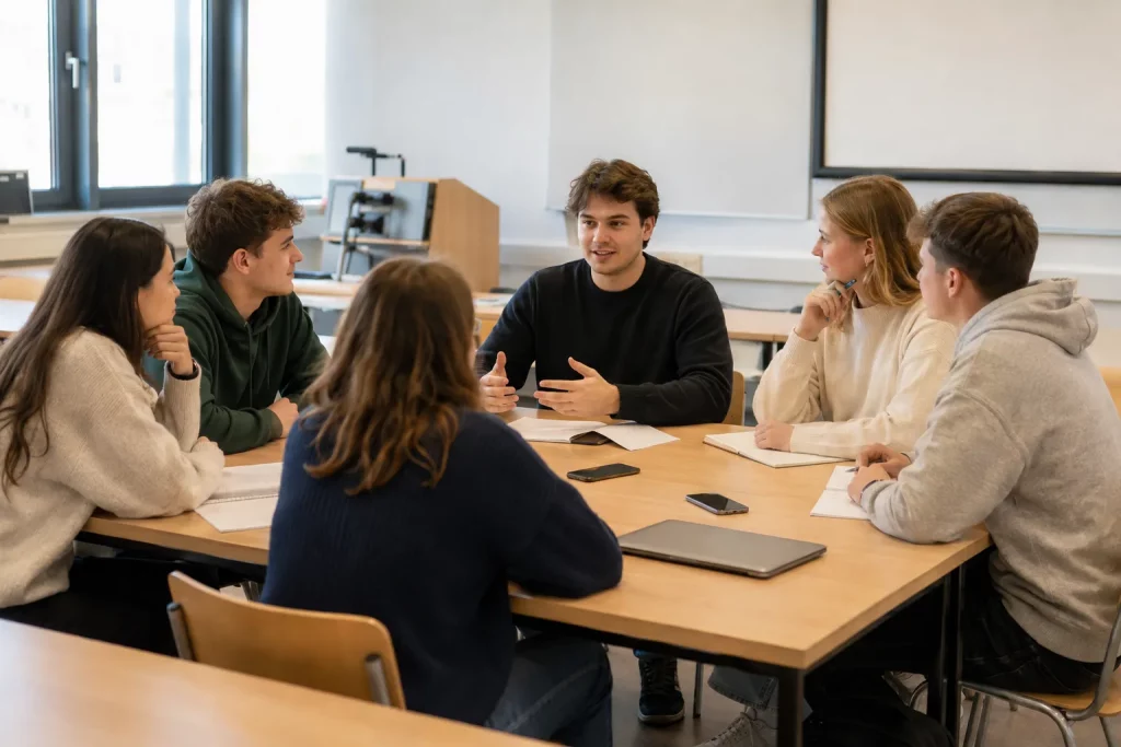 grupa studentów pierwszego roku siedząca przy dużym stole w jasnej sali uczelnianej, jedna osoba prowadzi krótkie ustalenia organizacyjne, naturalna swobodna atmosfera