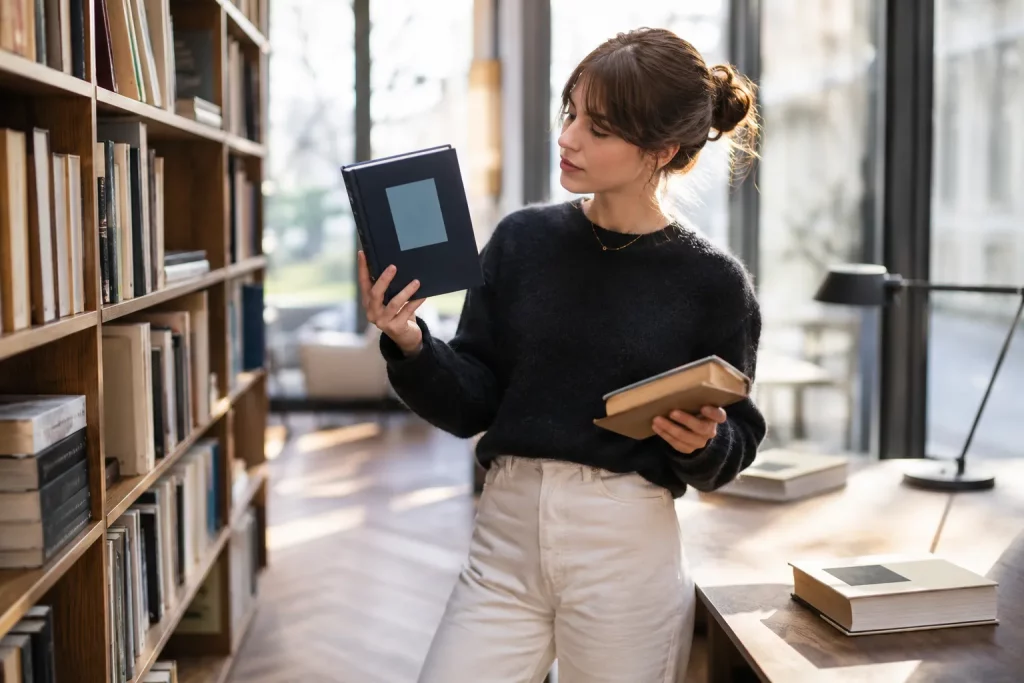 jasna biblioteka, osoba porównuje dwa wydania literatury pięknej przy półce, w dłoni jedna książka, druga leży na stoliku, bez czytelnych okładek