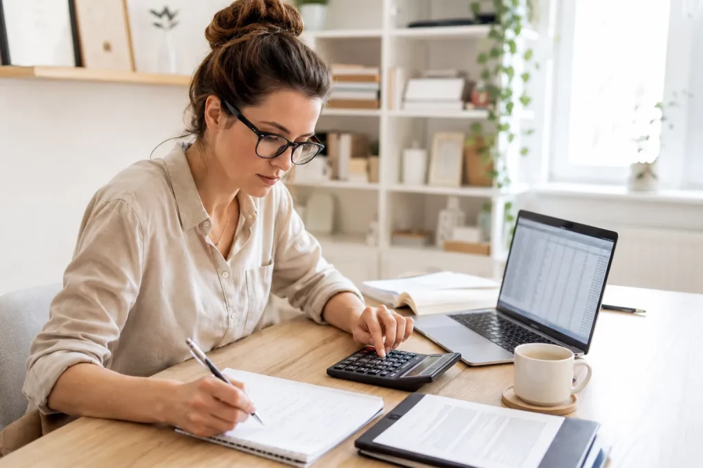 freelancer wyceniający zlecenie przy jasnym domowym biurku, laptop z arkuszem kalkulacyjnym, kalkulator, notatnik i dokumenty