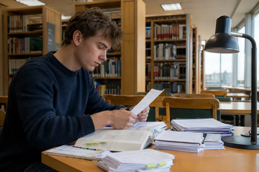 student w jasnej bibliotece analizujący kartkę z własnymi notatkami, obok podręcznik i lista zagadnień podzielona na kategorie, bez czytelnych danych osobowych.