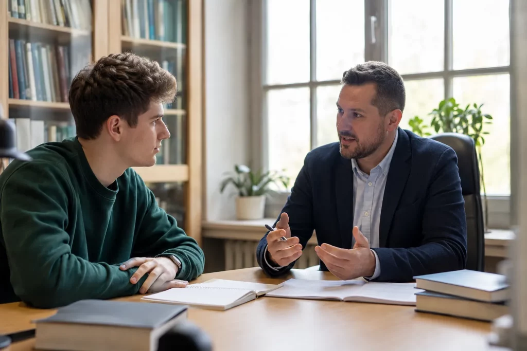 student rozmawiający z wykładowcą podczas konsultacji w jasnym gabinecie uczelnianym, notatnik na stole, naturalna profesjonalna rozmowa.