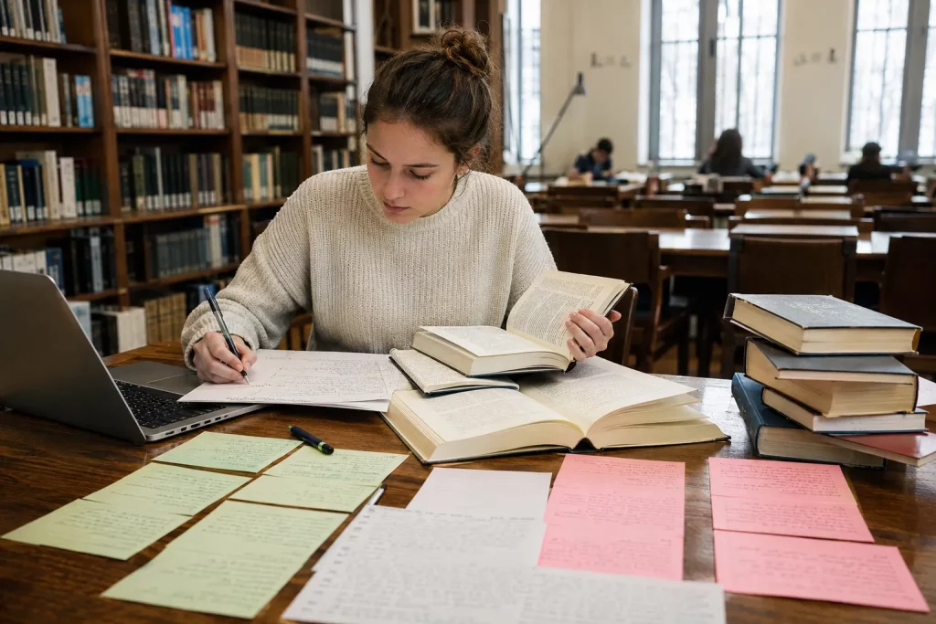 studentka lub student w jasnej bibliotece porównujący kilka źródeł do pracy akademickiej, notatki podzielone na argumenty za i przeciw, naturalna scena bez widocznych danych osobowych.